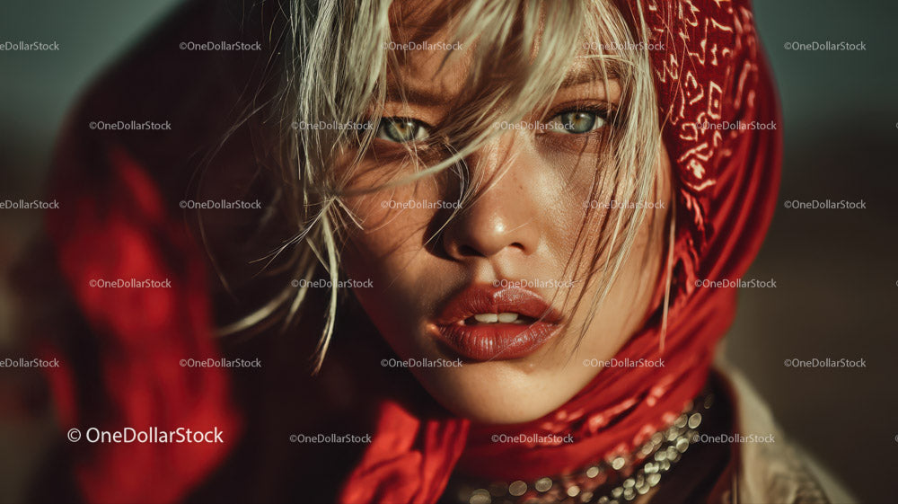 Modna kobieta w czerwonej bandanie i blond włosach – portret z bliska