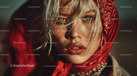 Fashionable Woman with Red Bandana and Blonde Hair Close Up Portrait