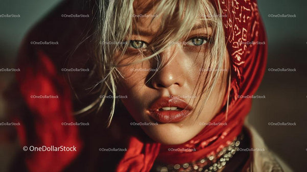Fashionable Woman with Red Bandana and Blonde Hair Close Up Portrait