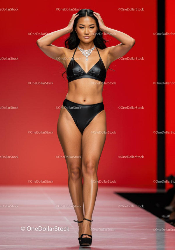 Pewna siebie modelka na wybiegu w czarnym bikini i biżuterii