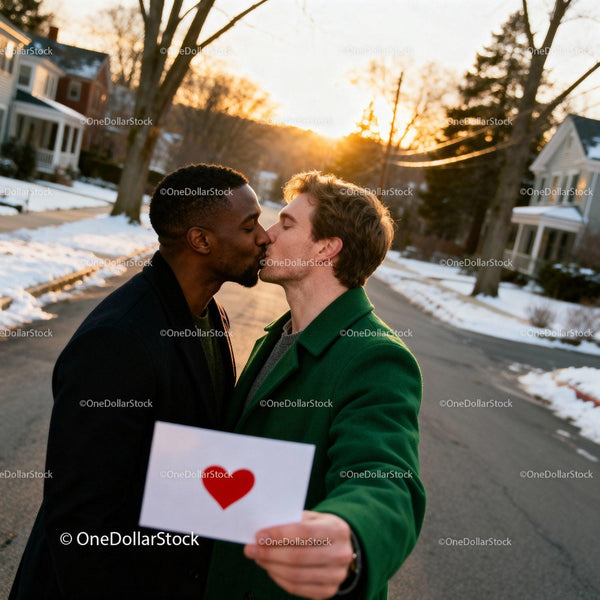 LGBTQ couple sharing a tender kiss holding heart card outdoors