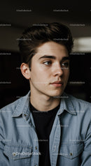 Thoughtful young man in casual denim shirt looking away