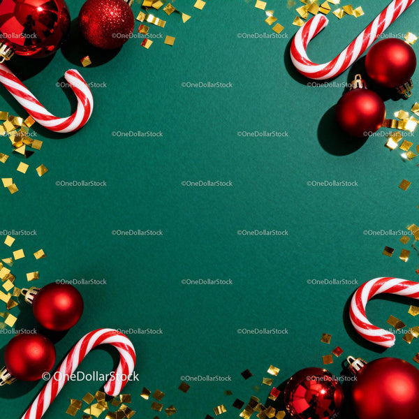 Christmas candy canes and red baubles with golden confetti