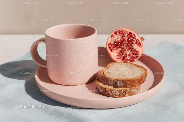 Różowy ceramiczny kubek z granatem i kromkami chleba w minimalistycznym wnętrzu