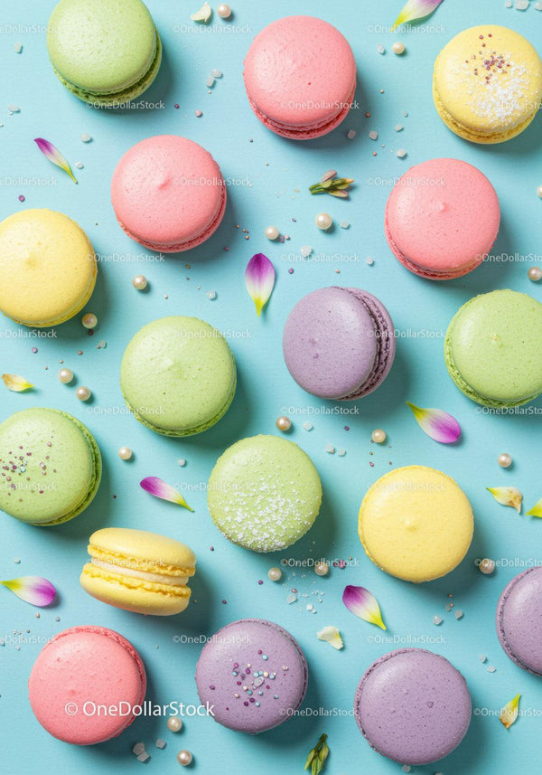 Colorful macarons scattered with flower petals on blue