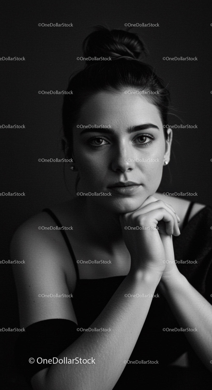 Elegant Young Woman Portrait in Monochrome with Thoughtful Expression