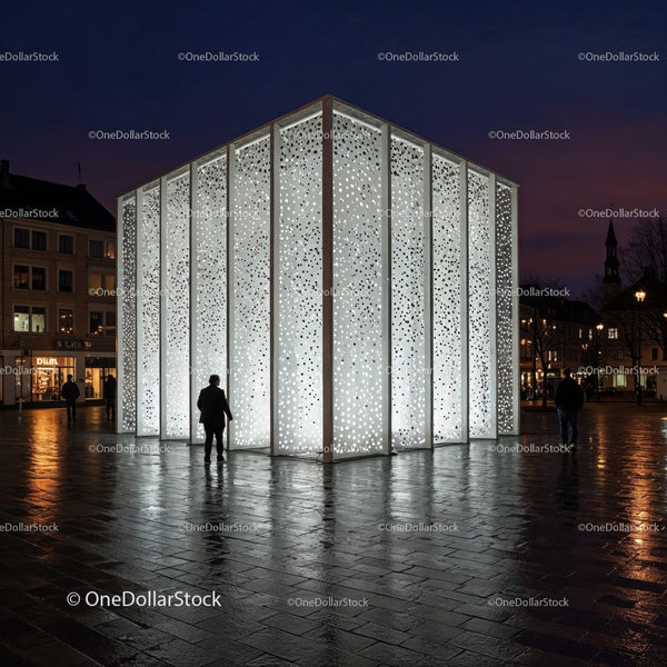 Modern Light Art Sculpture in Urban Night Skyline JPG Mockup Image