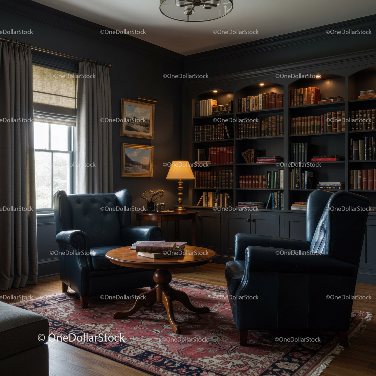 Cozy library corner with leather chairs and warm lighting