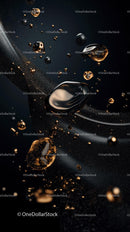 Luxurious Gold and Black Liquid Splash with Metallic Spheres