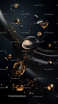 Luxurious Gold and Black Liquid Splash with Metallic Spheres