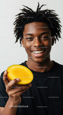 Young Man Holding Mango with Bright Happy Expression in Studio