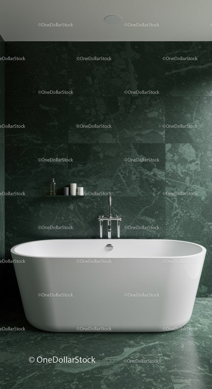 Elegant Green Marble Bathroom with Freestanding White Bathtub