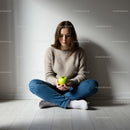 Thoughtful young woman sitting with green apple indoors