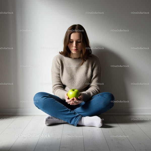Thoughtful young woman sitting with green apple indoors