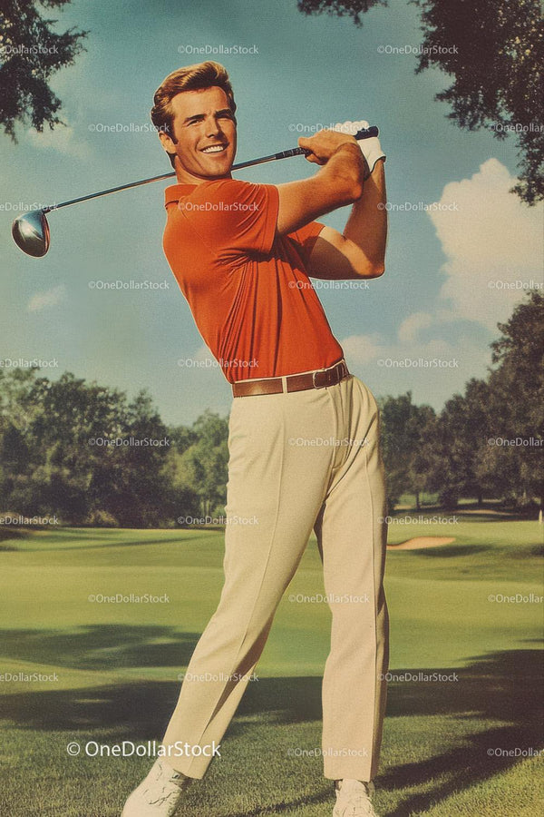 Man Swinging Golf Club On Sunny Course