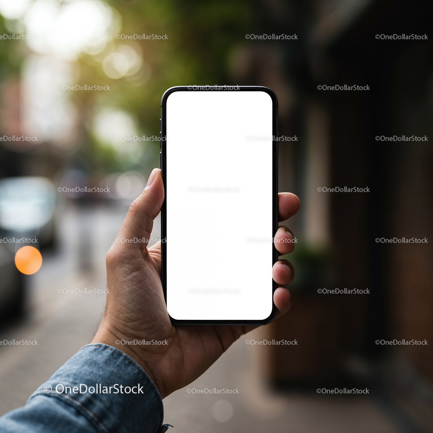 Hand holding smartphone with blank screen outdoors