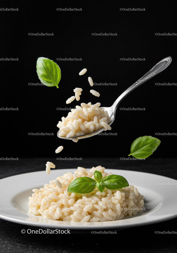 Creamy risotto served with fresh basil leaves
