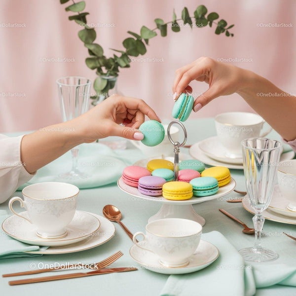 Vibrant Assorted Macarons on Elegant Tea Table with Fine China