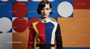 Young woman in colorful geometric patterned coat