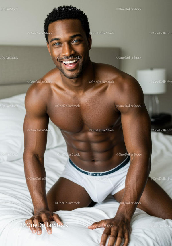 Smiling muscular man in white underwear on bed