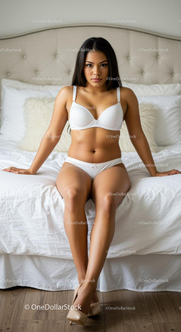 Confident young woman in white lingerie sitting on bed