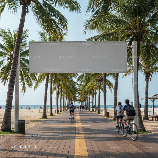 Cyclists riding along palm-lined beachfront promenade JPG Mockup Image