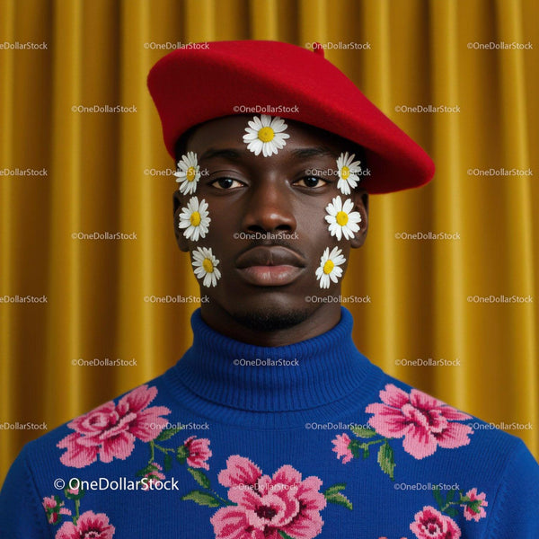 Stylish man with daisies on face and colorful sweater
