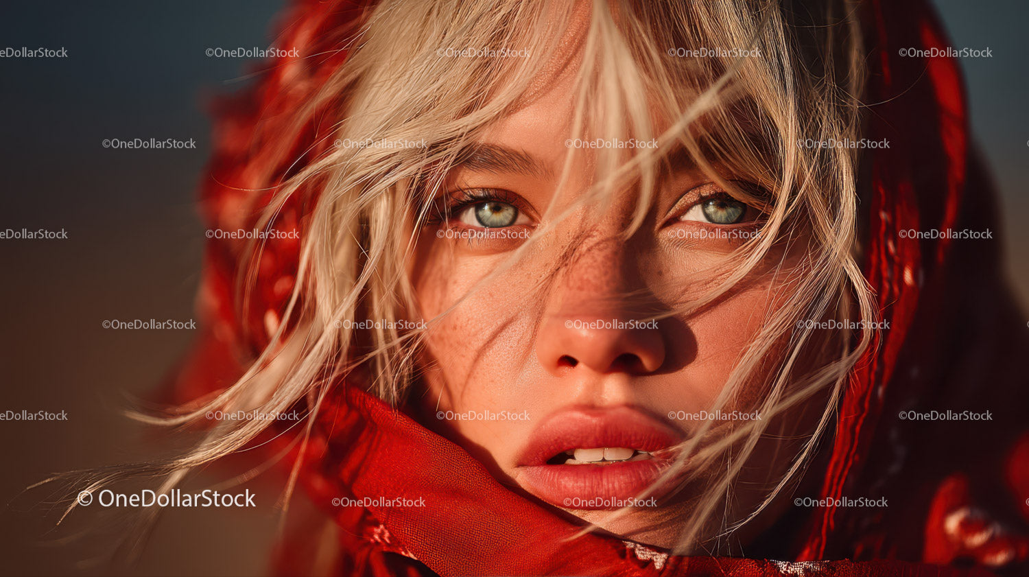 Glamorous Blonde Woman with Blue Eyes Wearing Red Scarf in Studio