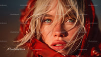 Glamorous Blonde Woman with Blue Eyes Wearing Red Scarf in Studio