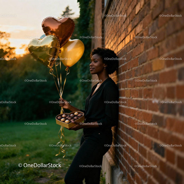 Young woman holding heart balloons and chocolates outdoors