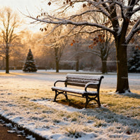 Snow covered bench in a quiet winter park at sunset