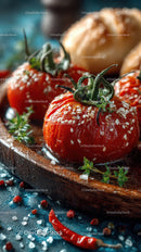 Close-up of Juicy Cherry Tomatoes with Herbs and Chili Pepper on Rustic Wooden Tray