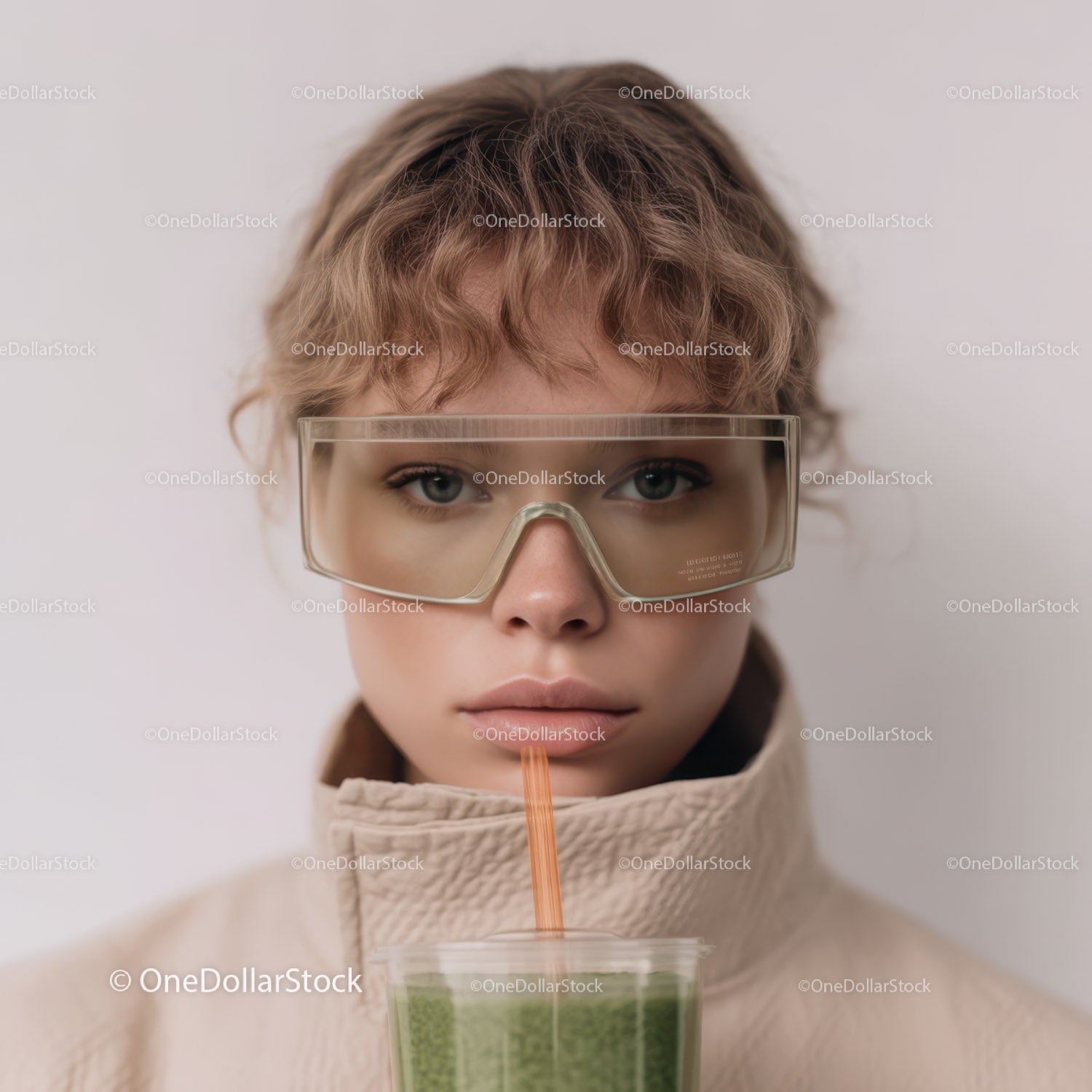Young Woman with Curly Hair Drinking Green Smoothie Indoor