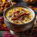 Rich Saffron Almond Kheer in Traditional Metal Bowl
