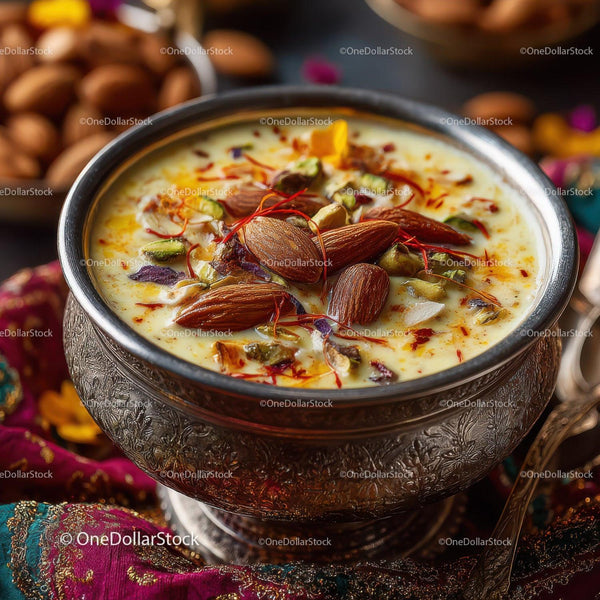 Rich Saffron Almond Kheer in Traditional Metal Bowl