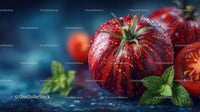 Close-up of Ripe Tomato with Water Droplets and Fresh Mint