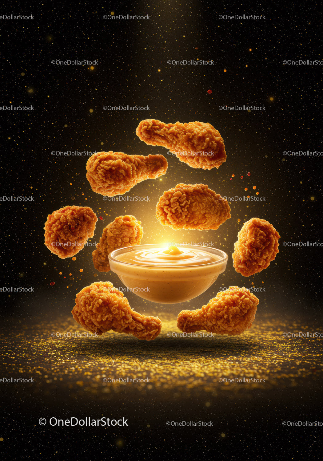 Crispy Fried Chicken Drumsticks Surrounding Sauce Bowl
