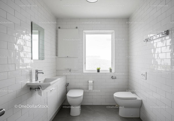 Clean White Bathroom with Ceramic Tiles and Natural Light