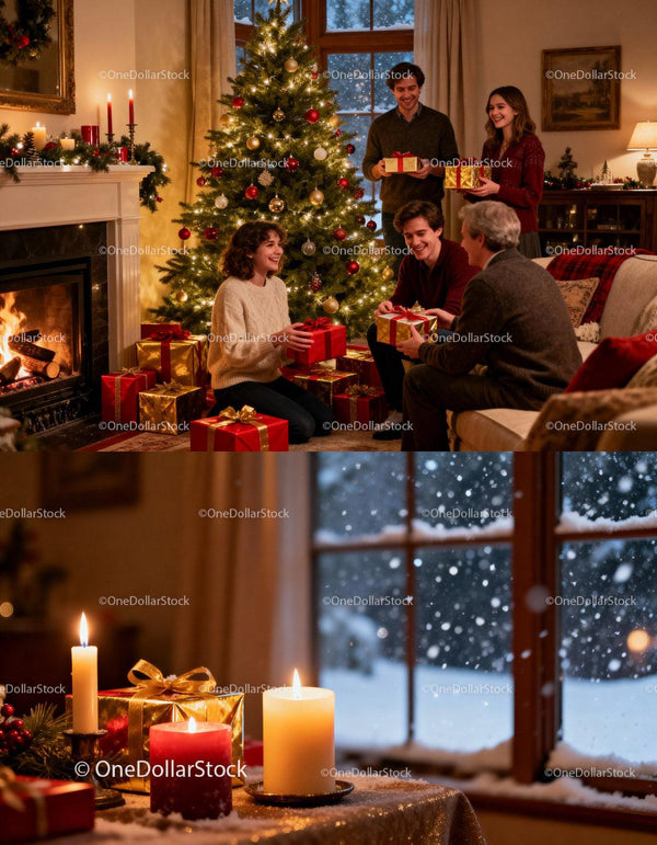 Cozy family exchanging gifts by Christmas tree indoors