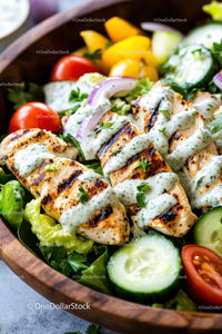 Grilled Chicken Skewers with Fresh Vegetable Salad and Herb Sauce