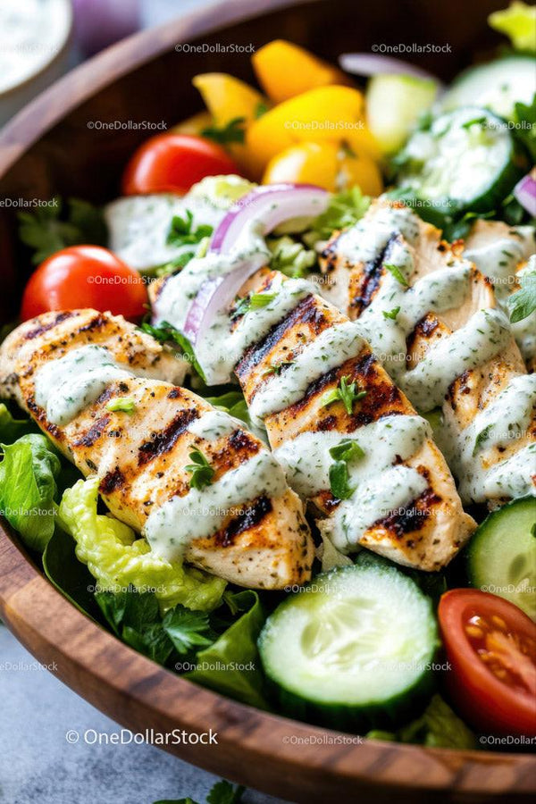 Grilled Chicken Skewers with Fresh Vegetable Salad and Herb Sauce