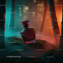Elegant Black Perfume Bottle in Mystical Forest Setting