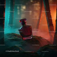 Elegant Black Perfume Bottle in Mystical Forest Setting