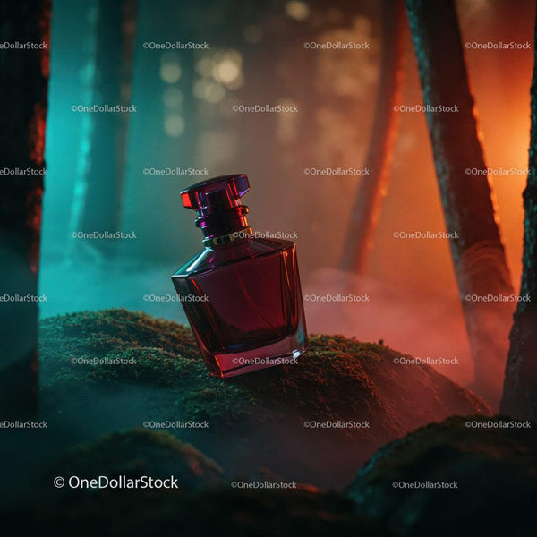 Elegant Black Perfume Bottle in Mystical Forest Setting JPG Mockup Image