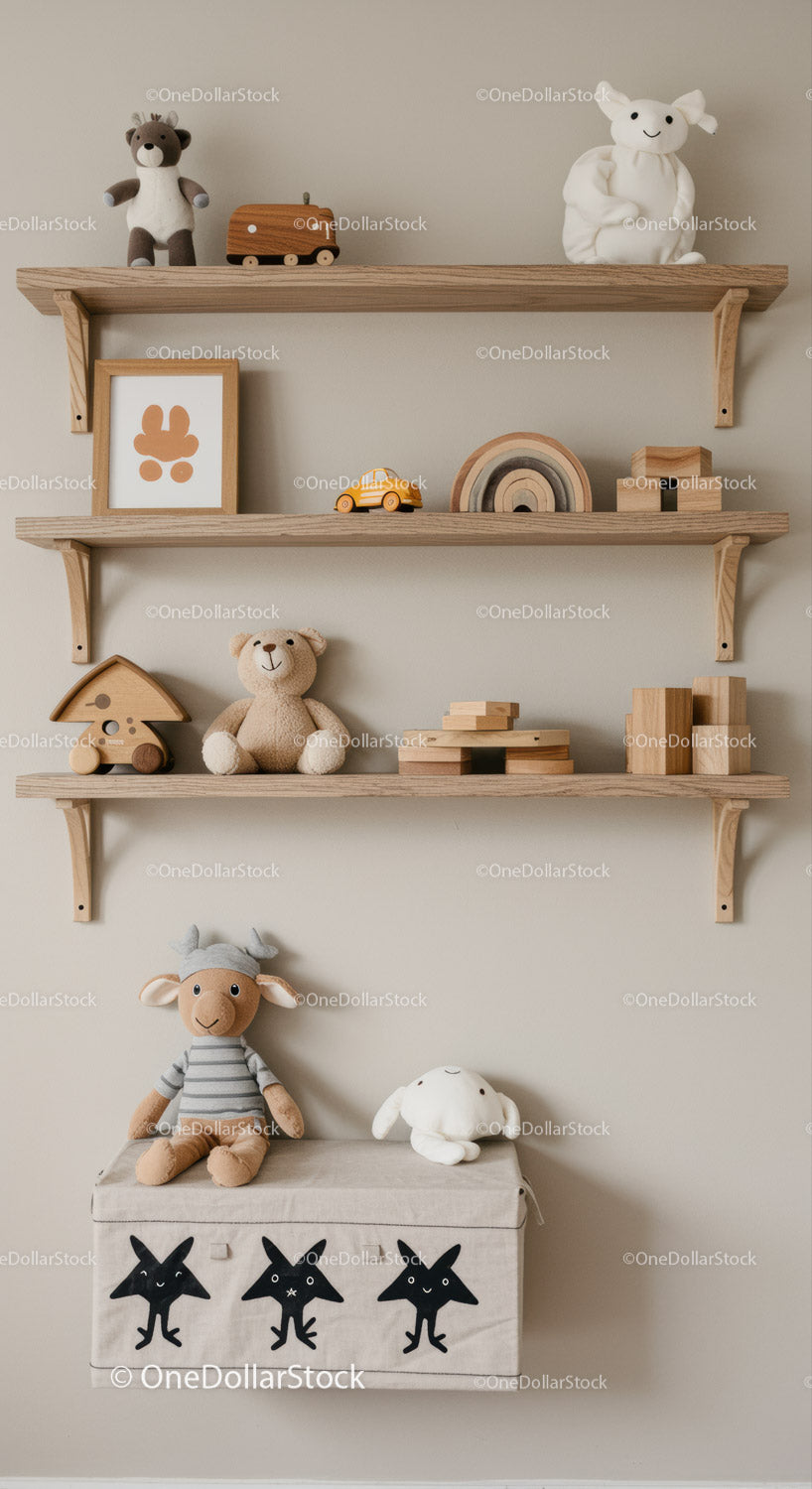 Decorative Wooden Shelves with Plush Toys and Children's Decor