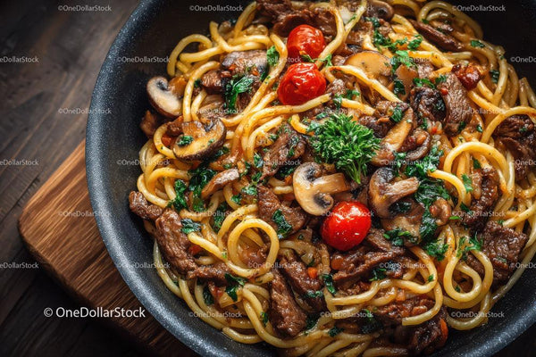 Savory Spaghetti with Beef, Mushrooms, and Cherry Tomatoes