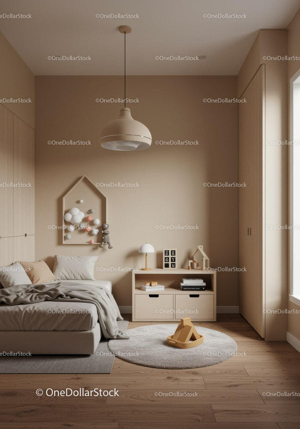Warm Neutral Nursery with Wooden accents and Child-Friendly Decor