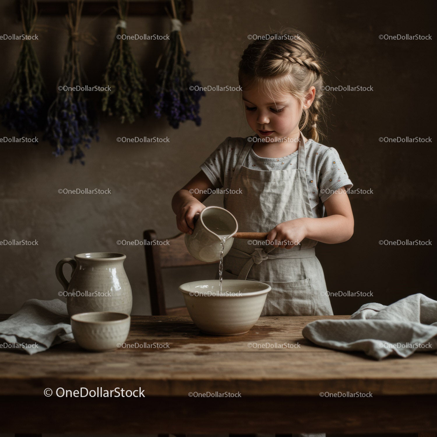 Dziewczynka nalewająca wodę do ceramicznej miski w rustykalnej kuchni