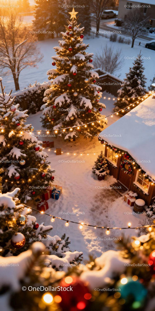 Cozy snowy backyard with decorated Christmas trees and lights