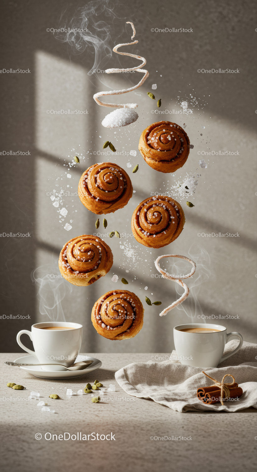 Fresh Cinnamon Rolls with Coffee and Spices in Cozy Light